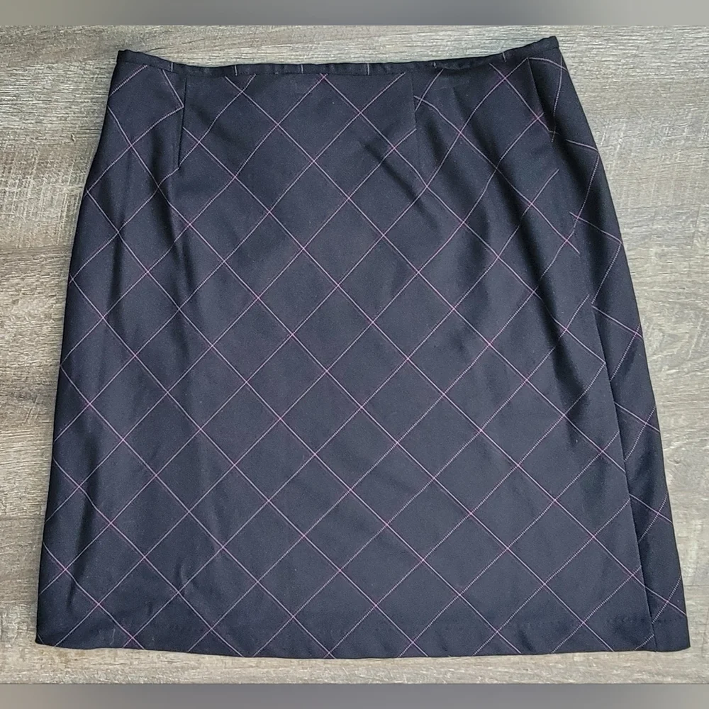 Vintage Y2K Midi Skirt Women's 16P Black w/ Pink & Purple Pin Stripe Plaid Lined - Picture 3 of 10